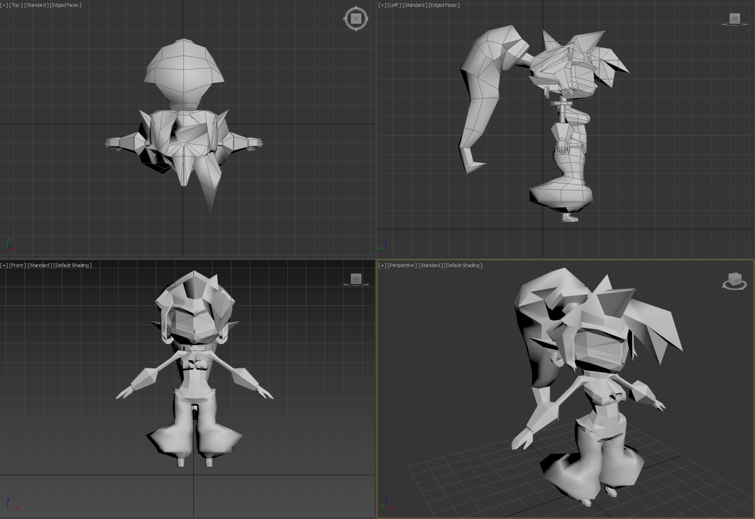 A top, left, front and orthographic view of a 3D Model for Shantae created in 3DS Max